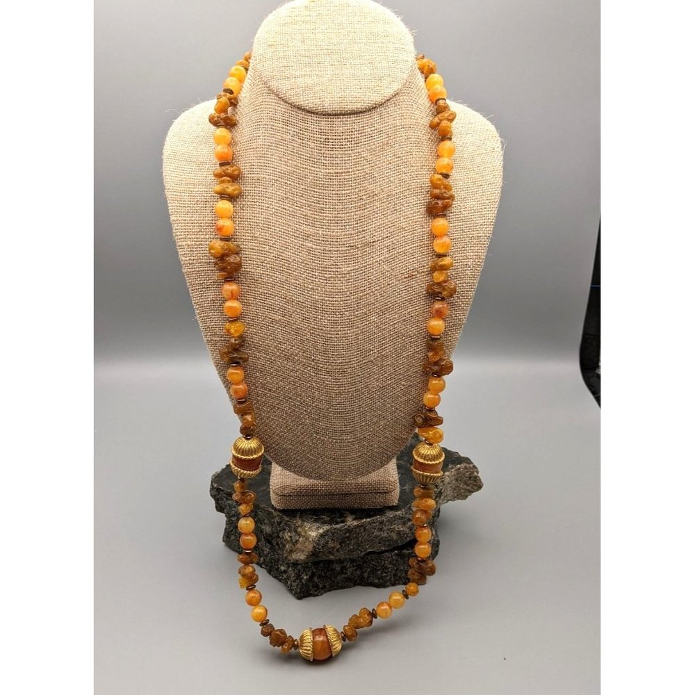 Vintage Dauplaise Faux Amber Acrylic Beaded Long Necklace Gold tone Accents 34"